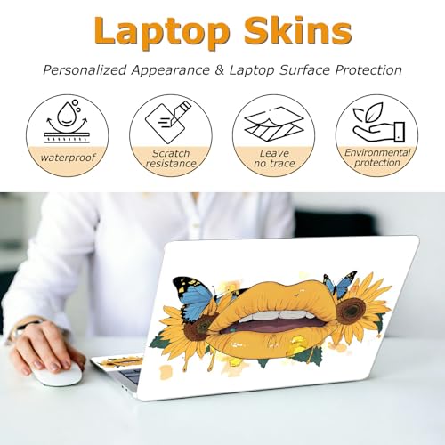 Universal Laptop Skin Sticker with 2 Wrist Pad Decals, 3-Piece Removable Vinyl Laptop Cover, Yellow Lip Sunflower Waterproof Anti-Scratch, Easy-Trim Fit for 13.3" 14" 15.6" Laptops - color: Yellow Lip Sunflower