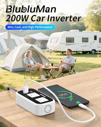 200W Car Power Inverter, Blubluman DC 12V to 110V AC Car Plug Adapter Outlet with 30W PD Charger, QC3.0 Fast Charger 24W, Power Inverter for Vehicles, Outlet for Laptop Computer Charger