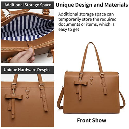 Keyli 4pc Sets Laptop Bag for Women Large Leather Laptop Briefcase with USB Charging Port Computer Shoulder tote Bags Purse - color: Brown
