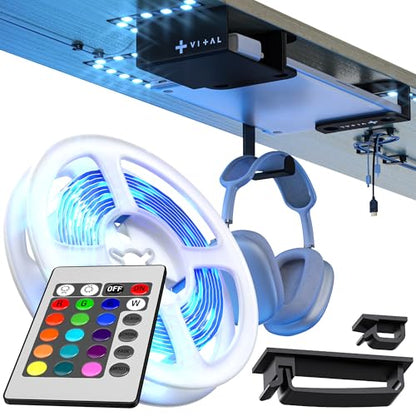 VI+AL Under Desk Laptop Mount - Hidden Metal Shelf with Side Storage, Hook & Cable Organizer - Installs with Tape & Screws - Fits Devices up to 1.7" Thick - Deluxe + LED (USB Light Strip & Remote) - style: Deluxe + LED