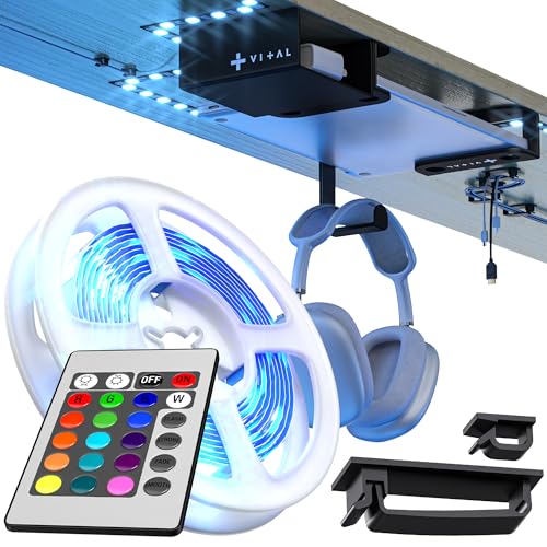VI+AL Under Desk Laptop Mount - Hidden Metal Shelf with Side Storage, Hook & Cable Organizer - Installs with Tape & Screws - Fits Devices up to 1.7" Thick - Deluxe + LED (USB Light Strip & Remote) - style: Deluxe + LED