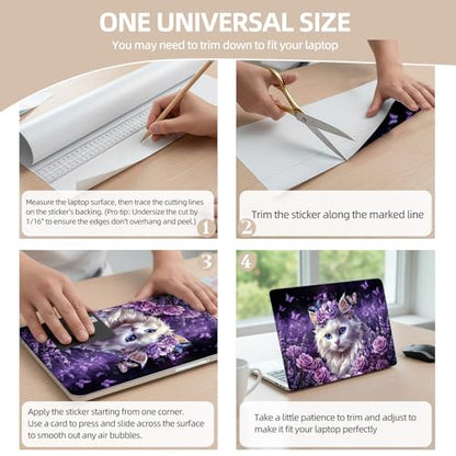 Universal Laptop Skin Sticker for 12/13/14/15.6 Inch Laptops, Reusable Vinyl Laptop Decal Cover, Waterproof Scratch Resistant Notebook Skin with 2 Wrist Pads,Flower Bed with Cute White Cat - color: Flower Bed with Cute White Cat