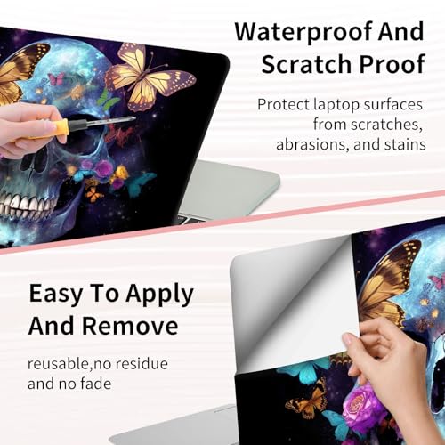 15.6 Inch Laptop Skin Sticker, Reusable Vinyl Cover Protector with 2 Wrist Pad Skins, Removable Waterproof Scratch-Resistant for 12-15.6 Inch Laptop Notebook,Skull Butterflies - color: Skull Butterflies