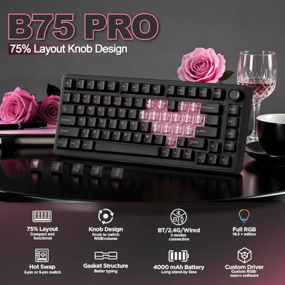 YUNZII B75 PRO Wireless Mechanical Gaming Keyboard | Custom 75% Layout with Knob,Gasket Mount,Hot Swap,Creamy Pre-lubed Switch,BT/USB-C/2.4G(Black Heart, Milk Switch) - color: Black Heart, size: Milk Switch