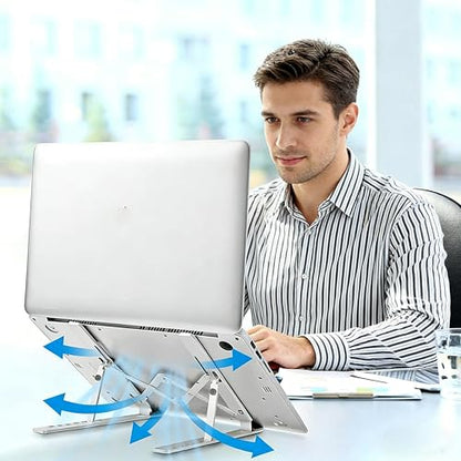 Adjustable Laptop Stand for Desk, Metal Foldable Laptop Riser Holder, Portable Desktop Book Stands, Ventilated Cooling Computer Notebook Stand Compatible with 10-17” Laptops - color: Silver