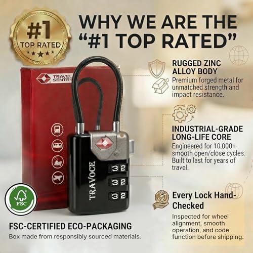 TRAVOCE TSA Approved Luggage Locks - Heavy Duty 3 Digit Combination Cable Lock, Search Alert for Suitcases, Backpacks, Golf Bags, Tents, Violin and Camera Cases, 1 Pack, Black - color: Black 1 Pack