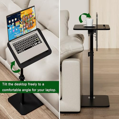 Black Side Tray Table for Couch - 360° Swivel Adjustable Height Rotating Sofa Table C Table End Table Laptop Desk with Phone & Tablet Slot, Perfect for Eating Working Reading, Fits Small Spaces - color: Black