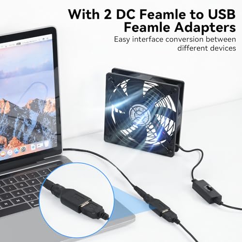ELUTENG 120mm USB Computer Fan, 5V PC Cooling Fan with 3 Adjustable Speeds | DC to USB Adapter, Metal Grill Fan for Laptop, PS5/PS4, TV Box, Router, AV Cabinet & Projector, Black