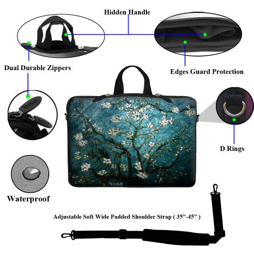 Meffort Inc 14 14.1 Inch Neoprene Laptop Sleeve Bag Carrying Case with Hidden Handle and Adjustable Shoulder Strap (Vincent Van Gogh Almond Blossom) - color: Vincent Van Gogh Almond Blossom