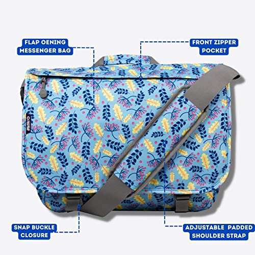 J World New York Thomas Laptop Messenger Bag for Women & Men. Kids Computer Bookbag - color: Sky Leaves