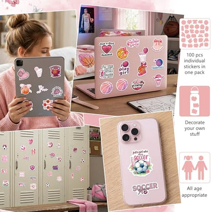 DETICKERS Pink Sports Stickers for Girls Kids Water Bottles 100 PCS Waterproof Vinyl Coquette Stickers Gifts for Teen Girls - style: Pink Soccer & Basketball