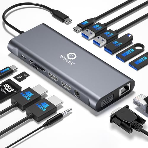 Docking Station 3 Monitors for HP/Dell/Lenovo/MacBook Laptop, Triple Display with Dual 4K HDMI, VGA, 14 in 1 USB C Hub, Computer Docking Station with 10Gbps USB, PD, Ethernet, SD/TF, Audio/Mic - color: Space Gray