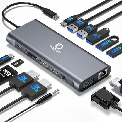 Docking Station 3 Monitors for HP/Dell/Lenovo/MacBook Laptop, Triple Display with Dual 4K HDMI, VGA, 14 in 1 USB C Hub, Computer Docking Station with 10Gbps USB, PD, Ethernet, SD/TF, Audio/Mic - color: Space Gray