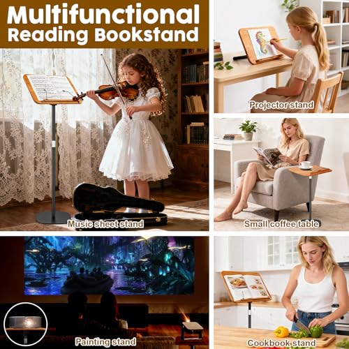 2 in 1 Dual-use Music Stand & Desktop Book Stand, Adjustable Height 16.5"-51", 100% Solid Wood Laptop Floor Stand Book Holder with Elastic Page Clips for Cookbooks (Brown) - color: Brown