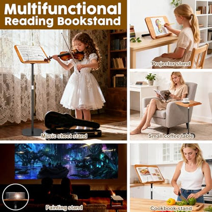 2 in 1 Dual-use Music Stand & Desktop Book Stand, Adjustable Height 16.5"-51", 100% Solid Wood Laptop Floor Stand Book Holder with Elastic Page Clips for Cookbooks (Brown) - color: Brown