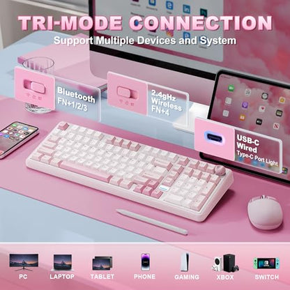 YUNZII B98 PRO QMK/VIA Wireless Mechanical Gaming Keyboard,96% Layout with Numpad and Cute Cat Knob, BT/2.4G/USB-C,Linear Switch Hot Swap Gasket,RGB for Win/Mac (Pink, Milk V2 Linear Switch) - color: Pink, size: Milk V2 Linear Switch