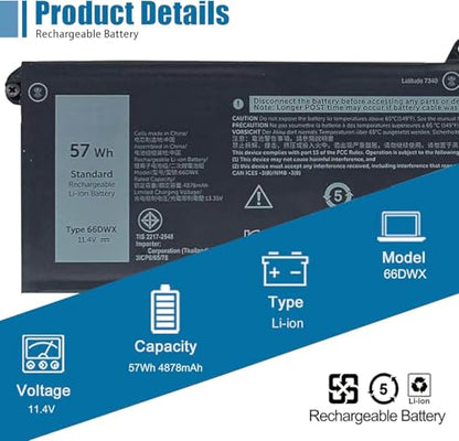 66DWX Laptop Battery Compatible with Dell Latitude 7340 7350 7440 7450 7640 7650 Series Notebook 086D0Y 86D0Y 00HYH8 0HYH8 11.4V 57Wh 4878mAh - size: 10.51*3.52*0.25 inch 66DWX