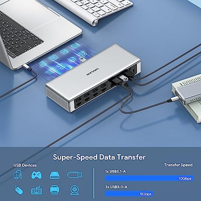 WAVLINK DisplayLink Laptop Docking Station Quad Monitor 4K@60Hz for MacBook | 100W PD Charging for Laptop with Thunderbolt 5/4/3, USB-C/A - M1-M5 Mac/Neo/Windows- 4 HDMI, 4 DP, SD 4.0, 2.5Gbps LAN - color: Silver