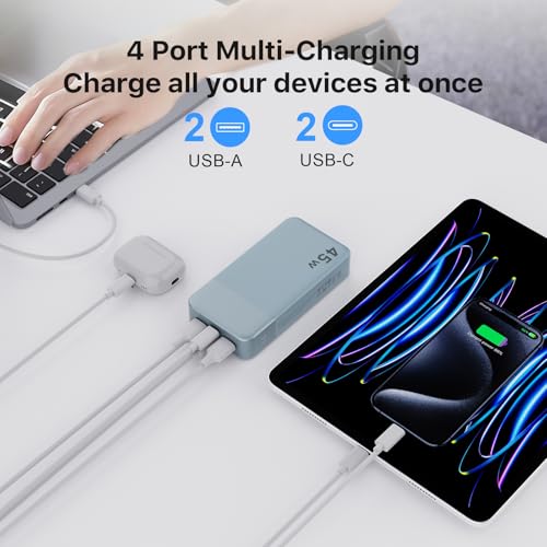 NOBIS Portable Charger,20000mAh Power Bank, 45W Fast Charging，Battery Pack with 2 USB-C (in/Out) & 2 USB-A, Digital Display & Small Current Mode, Compatible with Phone 17 S25 Tablet - color: Blue