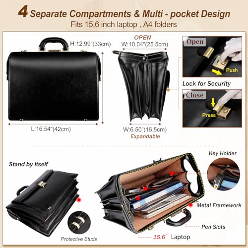 Banuce Leather Briefcase for Men with Anti-Theft Lock Fits 15.6" Laptop | Gradient Coloring Leather,Ergonomic Handle,Expandable,Detachable Shoulder Strap,Office Work,Business Travel - color: Black