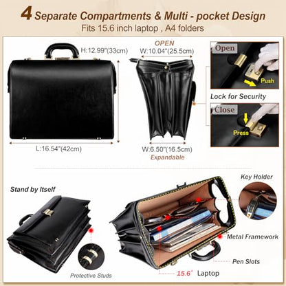 Banuce Leather Briefcase for Men with Anti-Theft Lock Fits 15.6" Laptop | Gradient Coloring Leather,Ergonomic Handle,Expandable,Detachable Shoulder Strap,Office Work,Business Travel - color: Black