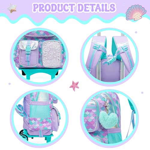 Meetbelify Backpack with Wheels for Girls Rolling Backpack Cute Carry on Backpack with Lunch Box for Elementary Student Teen Girls Luggage Travel Suitcase Girls 8-10 Mermaid - color: Mermaid