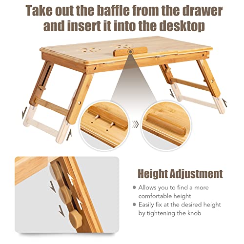Tangkula Laptop Desk w/Heat-Dissipation Holes, Height Adjustable Bed Table | Folding Breakfast Serving Bed Tray, Tilting Top & Drawer, 100% Bamboo, Surfing Reading Writing Eating