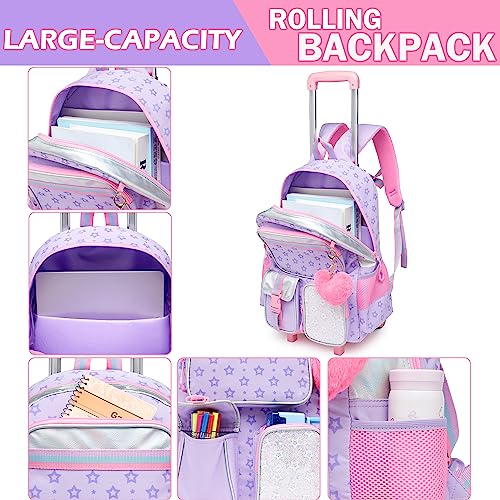 Meetbelify Backpack with Wheels for Girls Rolling Backpack Cute Carry on Backpack for Elementary Student - color: Purple