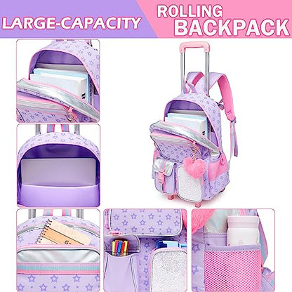 Meetbelify Backpack with Wheels for Girls Rolling Backpack Cute Carry on Backpack for Elementary Student - color: Purple