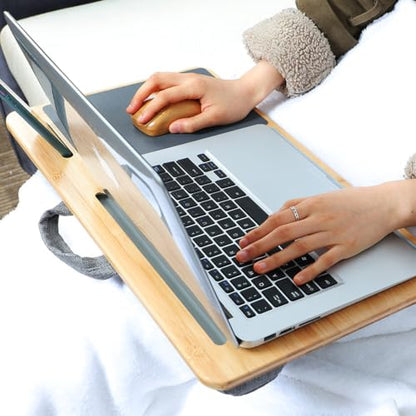 Lap Desk for Laptop with Cushion, Bamboo Laptop Stand with Anti-Slip Strip Tablet Phone Holder and Mouse Pad Fits up to 17 inch Portable Computer Lap Desk for Couch, Bed & Car - size: Large