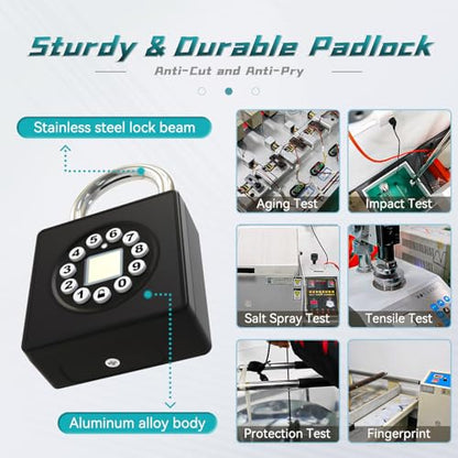 SFW Fingerprint Padlock with Key,Heavy Duty Combination Lock Locker,Water Resistance with Codes APP Access for Outdoor Fence Gate Pool Shed Gym Lock Storage