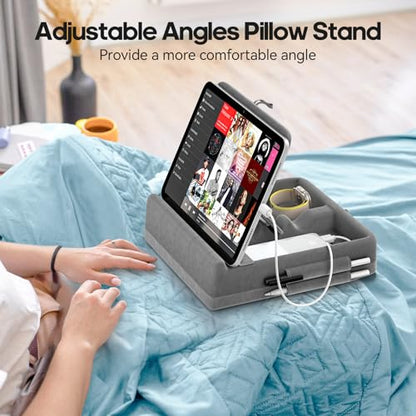 KDD Tablet Pillow Stand with Storage, Foldable iPad Holder for Bed, Lap and Desk, Angle Adjustable Soft Pad Dock with Stylus Mount Compatible with Ipad Pro 12.9, 10.5, 11, Air, Mini, Phones, Books - color: Light Grey