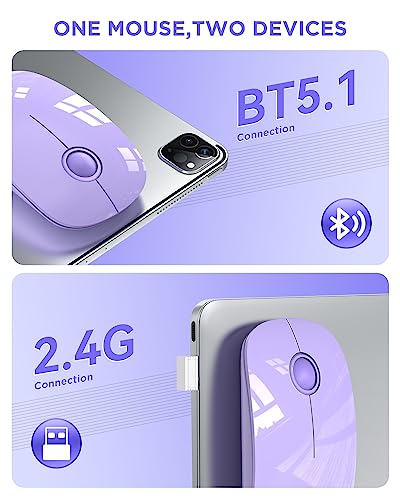RAPIQUE Wireless Bluetooth Mouse, BT 5.1＆ 2.4GHz Slim Dual Mode, Purple | Quiet clicks, Low Power, 1600 DPI, USB-A Receiver, Portable design, Works with MacBook, Laptop, Desktop, iPad and Chromebook - color: Purple
