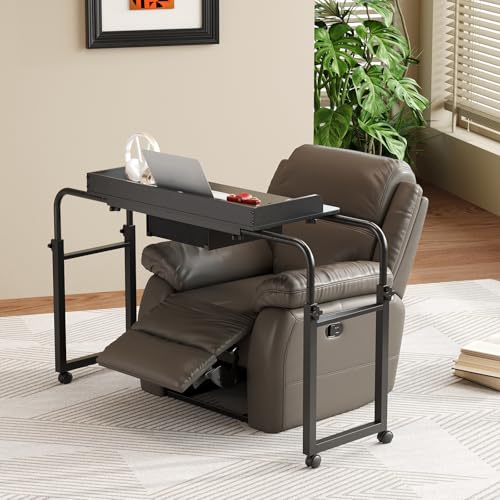 GiftGo Over Bed Table with Wheels, Recliner Table Bed Desk, Adjustable Height and Length Laptop Table with Storage Drawer Metal Leg for Bedroom Home Office Hospital (Black, 39.3" to 55.1") - color: Black
