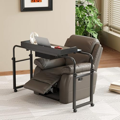 GiftGo Over Bed Table with Wheels, Recliner Table Bed Desk, Adjustable Height and Length Laptop Table with Storage Drawer Metal Leg for Bedroom Home Office Hospital (Black, 39.3" to 55.1") - color: Black