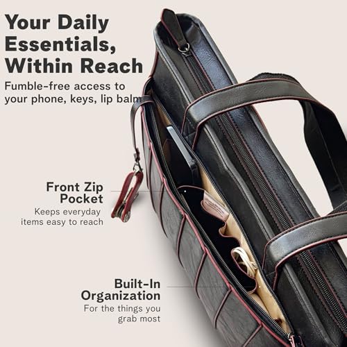Laptop Bag for Women - 14" Vegan Leather Computer Bags for Laptops for Women - Padded Compartment - Leather Tote - color: Black