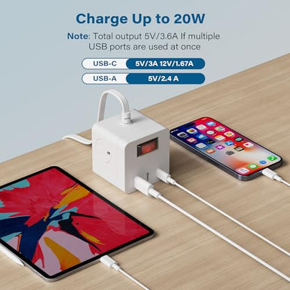 Outdoor Power Strip Cube 10 Ft, IPX4 Waterproof 3 AC Outlet Widely Spaced with 2 USB-A & 1 USB-C PD 20W Charging Station, Low Profile 45 Degree Flat Plug Extension Cord Wall Mountable, ETL-White - size: 10FT
