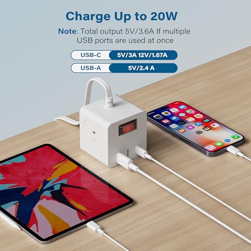 Outdoor Power Strip Cube 4 Ft, IPX4 Waterproof 3 AC Outlet Widely Spaced with 2 USB-A & 1 USB-C PD 20W Charging Station, Low Profile 45 Degree Flat Plug Extension Cord Wall Mountable, ETL-White - size: 4FT
