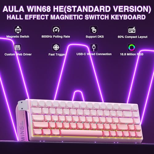 AULA WIN68 HE Mechanical Gaming Keyboard 60%, Hall Effect Magnetic Switch, Fast Trigger Mode Adjustable Actuation, 8000Hz Polling Rate, RGB Backlit, Wired Pink Keyboard for Laptop/PC Gamer - color: Pink-standard version