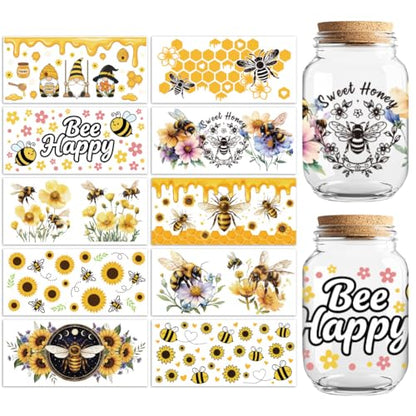 Bee Gnome Sunflower UV DTF Cup Wraps, 10 Sheets Transfer Sticker | Waterproof UV DTF Stickers, Custom Vinyl Decals for 16oz Coffee Cups Tumblers Bottles Mugs, DIY Gifts & Crafts - style: Bee with Gnome and Sunflower
