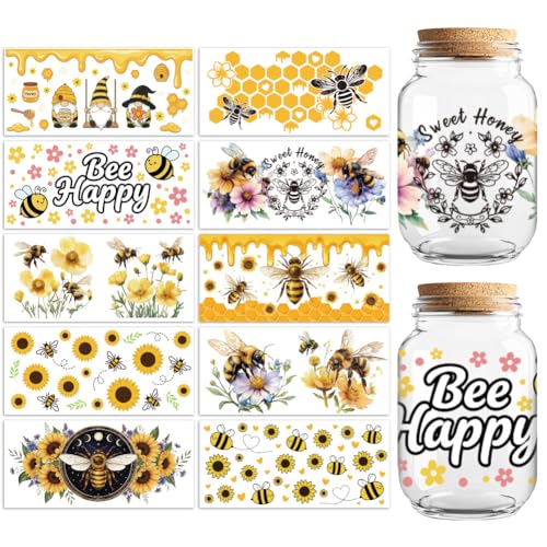 Bee Gnome Sunflower UV DTF Cup Wraps, 10 Sheets Transfer Sticker | Waterproof UV DTF Stickers, Custom Vinyl Decals for 16oz Coffee Cups Tumblers Bottles Mugs, DIY Gifts & Crafts - style: Bee with Gnome and Sunflower