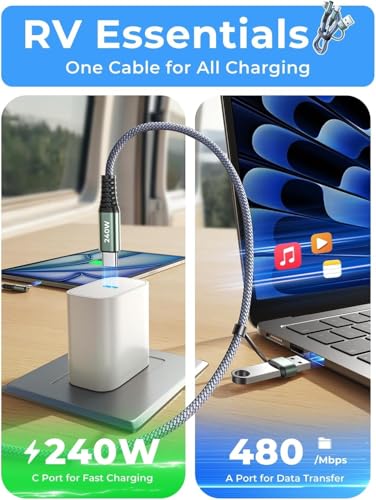 AINOPE 10 FT USB C Cable Fast Charging, 240W USB-C Charge Cable with Adapter, Fast Charger USB C Cable Supports 100W, Right Angle USB C Fit MacBook Pro/Air, iPad Pro/Air, iPhone 17/16/15, 10FT Grey | Fast Charger USB C Cable Supports 100W, Right Angle USB