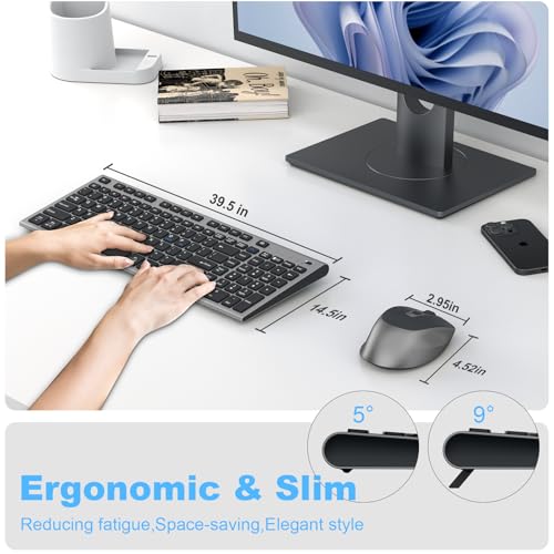 Rechargeable Wireless Keyboard and Mouse, with Number Pad Grey | Quiet Silent, Slim Thin Flat Low Profile Soft Key, USB C, with Skin Cover, Ergonomic Mouse, for Mac Windows PC, Home Office - color: Black Grey