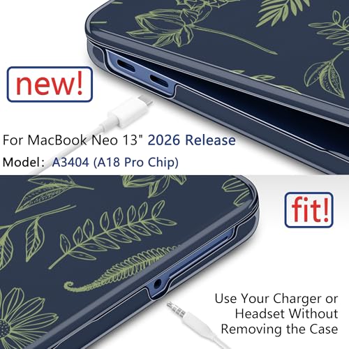 Batianda Case for MacBook Neo 13 Inch 2026 Model A3404, Sage Botanical | 4-in-1 Laptop Accessories Bundle with Sage Botanical Art, Ultra Slim Hard Shell for Students and Nature Lovers - color: Midnight Leaf Outlines