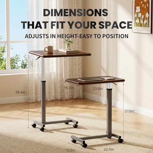 WOTURE Pneumatic Adjustable Overbed Bedside Table with Wheels - Hospital & Home Use, Medical Bed Table, Mobile Standing Desk, Rolling Laptop Cart, Non Tilt Surface(23.6" L x 15.7" W, Walnut) - color: Walnut