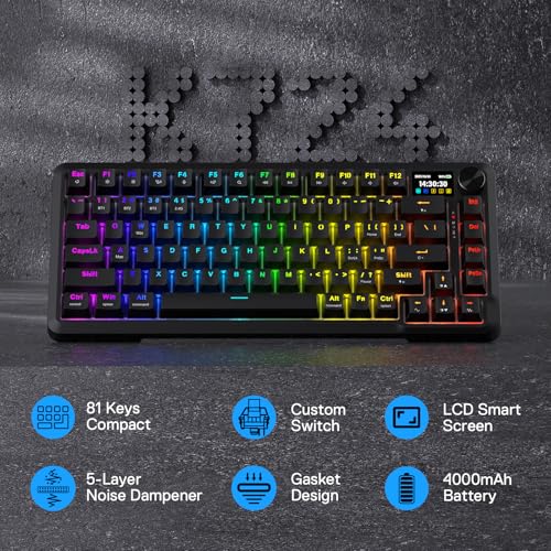 Redragon K724 PRO Wireless 81-Key Gasket Gaming Keyboard with Screen & Knob | Easy-Control LED Info Display, 0-Delay Tri-Mode, Cushioned 5-Layer Noise Dampening for Creamy Thocky Sound, Compact 80% Size - color: Black, size: 81 Keys + LCD Screen