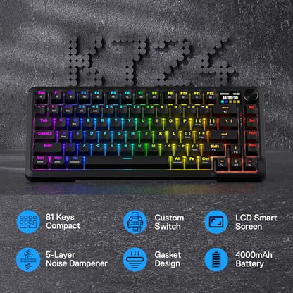 Redragon K724 PRO Wireless 81-Key Gasket Gaming Keyboard with Screen & Knob | Easy-Control LED Info Display, 0-Delay Tri-Mode, Cushioned 5-Layer Noise Dampening for Creamy Thocky Sound, Compact 80% Size - color: Black, size: 81 Keys + LCD Screen