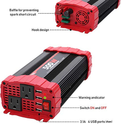 BYGD 500W Power Inverter, Car Charger Adpater DC 12V to AC 110V Car Power Converter 4 USB Quick Charging Ports and Dual AC Outlets Car Charger Adpater with Cigarette Lighter Cable and Battery Clamps - size: 500W