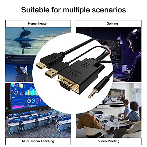 VCOM VGA to HDMI Cable 6Ft, VGA to HDMI Adapter with USB Power and Audio, 1080P@60Hz PC VGA Source Output to TV/Monitor with HDMI Connector, Male to Male for Computer Desktop Laptop Monitor Projector