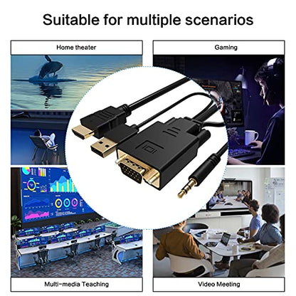 VCOM VGA to HDMI Cable 6Ft, VGA to HDMI Adapter with USB Power and Audio, 1080P@60Hz PC VGA Source Output to TV/Monitor with HDMI Connector, Male to Male for Computer Desktop Laptop Monitor Projector